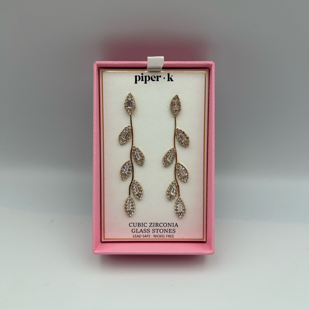 *New* Piper K Leaf Dangle Drop Cubic Zirconia and Glass Stones Gold Earrings